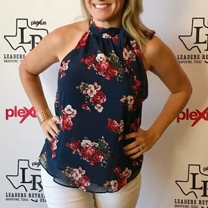 Navy & Floral, High-neck, Chiffon, Sleeveless top